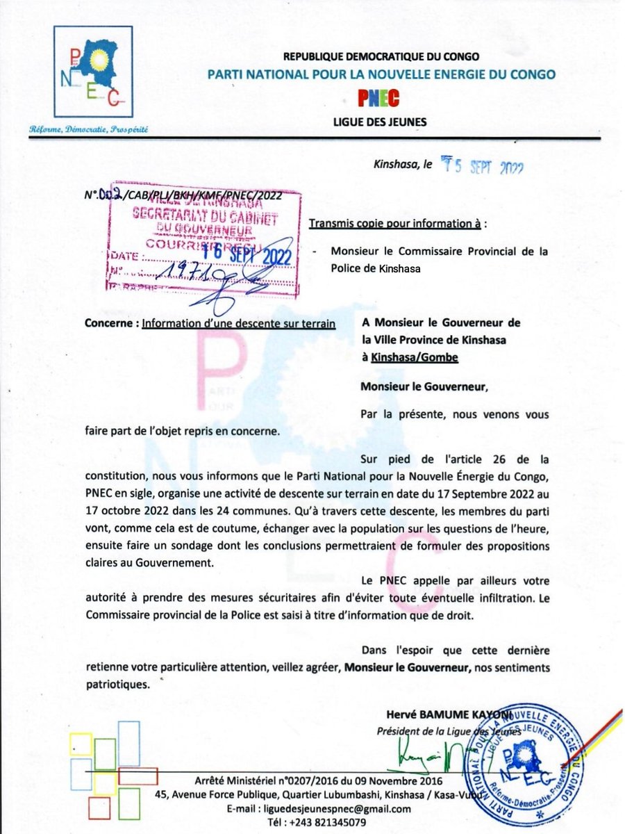 JeunessePNEC's tweet photo. Budget 2023 : Nous avons officiellement informé le ProGouv de Kinshasa de notre volonté à sensibiliser la population sur les réformes importantes liées à la répartition de notre budget, au regard de son déséquilibre et des défis sécuritaires et alimentaires de la RDC. #15mesures https://t.co/65yaA2LF4T