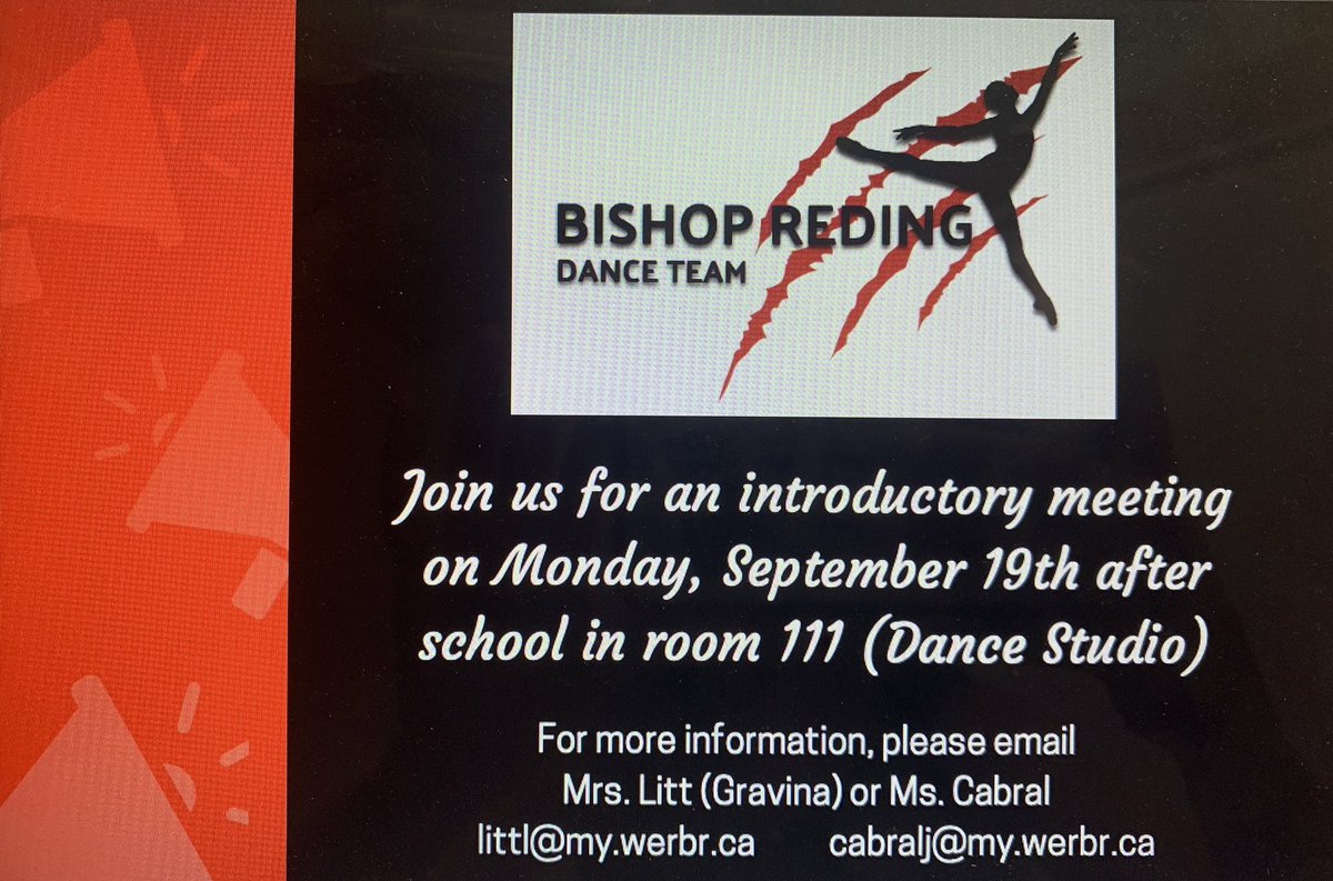 GravinaMs's tweet photo. Hey dancers, join us for our introductory meeting in room 111 at 2:30 today! @BishopReding https://t.co/VbXVNCyQwu