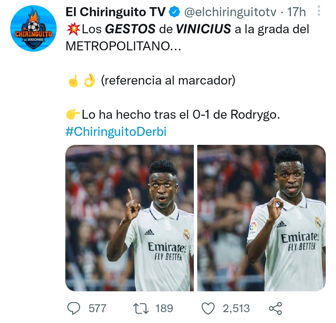 shoreman22's tweet photo. @elchiringuitotv @EduAguirre7 @jpedrerol @As_TomasRoncero @jotajordi13 critica a @vinijr por señalar y "provocar" a la afición del atleti con su 0-1, pero el en vivo hizo lo mismo cuando gana el clásico 🤷🏻‍♂️#bailavini https://t.co/aLkfyQrFCE