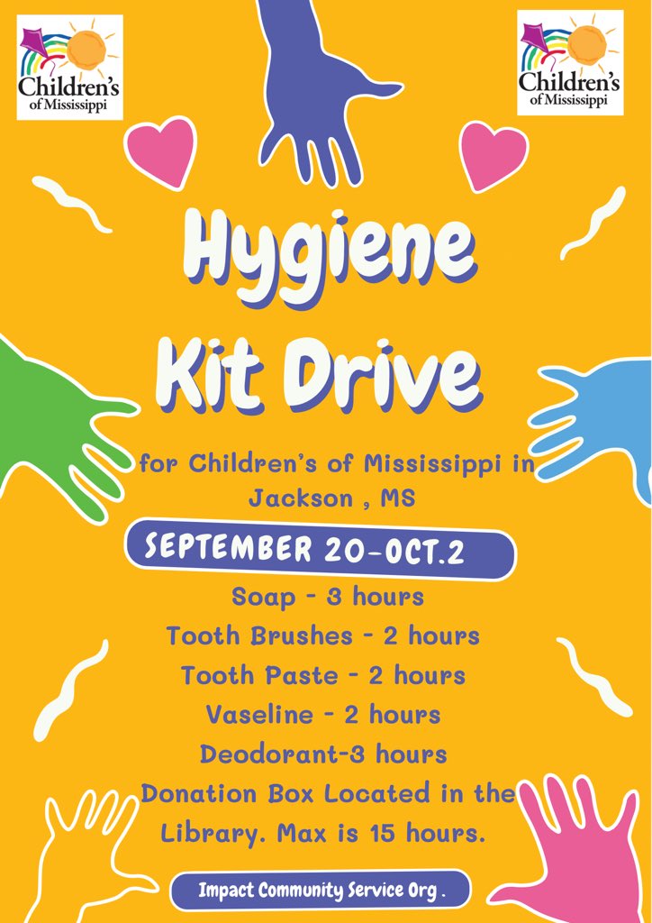 Impact_CSO's tweet image. Hi Braves , we are having a hygiene kit drive for the Children of Mississippi in Jackson , Ms . Community service hours will be given . 15 hours max . Donation box is located in the library . Please put your first &amp;amp; last name , Alcorn email, and A number in your donation bag. 💗