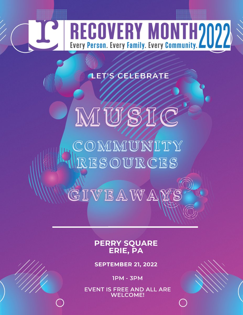 NAMIErie's tweet photo. Come see us! We will have a table at this FREE celebration event in Perry Square in downtown Erie from 1-3 pm on Thurs., Sept. 21.

This AWESOME celebration for National Recovery Month will include music, light refreshments, support, resources, and messages of hope and healing!💖 https://t.co/ODP7Vb13GE