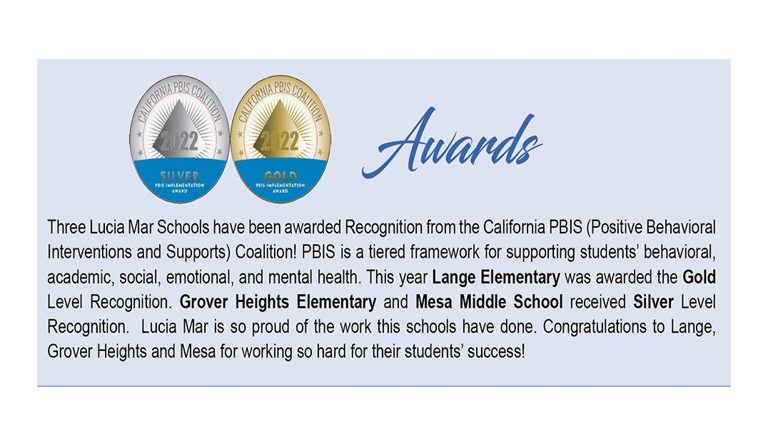 LuciaMarUnified's tweet photo. Three Lucia Mar Schools have been awarded Recognition from the California PBIS (Positive Behavioral Interventions &amp; Supports) Coalition! PBIS supports students’ behavioral, academic, social, emotional, and mental health. Congrats to: Lange, Grover Heights, &amp; Mesa! https://t.co/o41x1aNVlZ