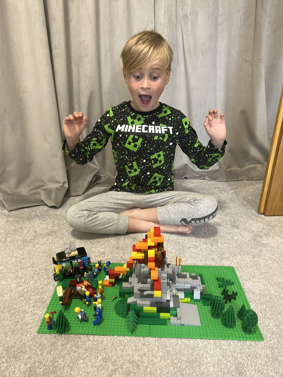 EmsyJacklin's tweet photo. A busy day for Arthur Volcano 🌋 making with Lego in his PJ’s! @GrimoldbyYear3 @grimoldbyschool https://t.co/a2XjzMRt15
