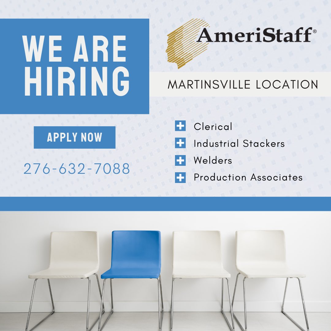 AmeriStaff's tweet photo. We’re looking for YOU! We’re hiring for clerical positions, industrial stackers, welders and production associates at our Martinsville location. Want to join our team? Give us a call at 276-632-7088. #applytoday #nowhiring #jobs #AmeriStaff https://t.co/trCYtZXrVr