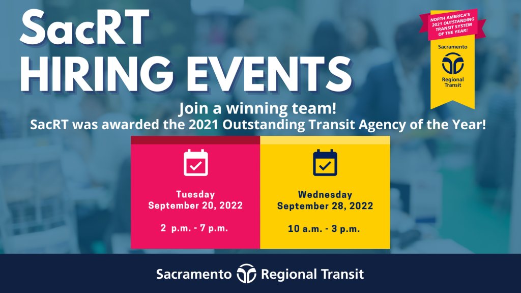 SacRT is hiring! Apply online now or visit an in-person hiring event:

Tuesday, 9/20, 2pm-7pm
Wednesday, 9/28, 10am-3pm

Learn more at sacrt.com/hiringevents. #TransitJobs #Hiring #busdrivers