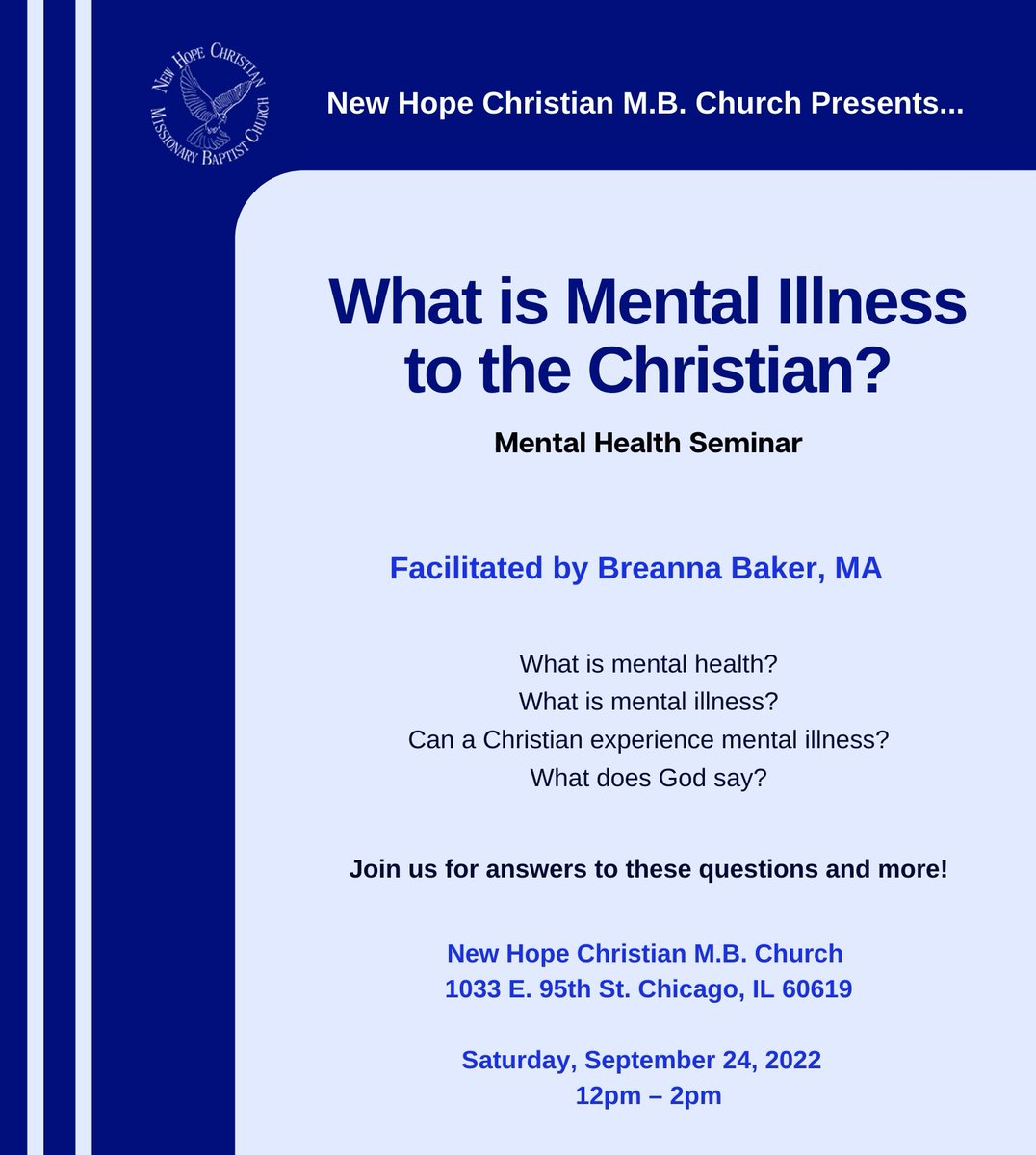 Mental health awareness is a rising topic in our society and in the Church. What can we glean from the scriptures about mental health and mental illness for the Christian?

eventbrite.com/e/what-is-ment…
