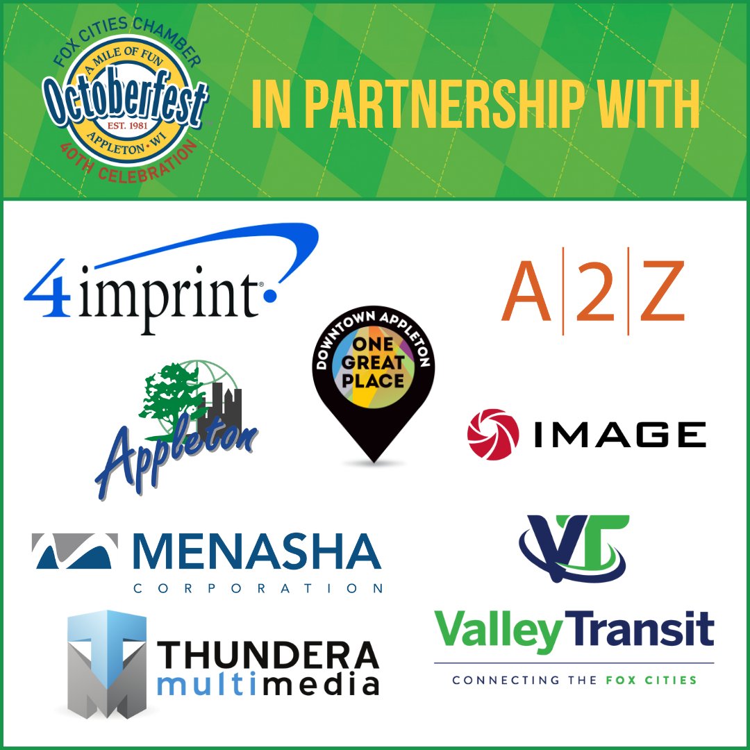 WIOctoberfest's tweet photo. We simply pull off #AppletonOctoberfest, an event of the @FoxCitiesChmbr, without the support of our partners.

🤝 @4imprint 
🤝 @A2Zdesign 
🤝 @cityofappleton 
🤝 @DwtnAppleton 
🤝 @Imagestudios 
🤝 @menashacorpnews 
🤝 Thundera Multimedia
🤝 @ValleyTransit

Join us on 9/24! https://t.co/7fjoPIy7F4
