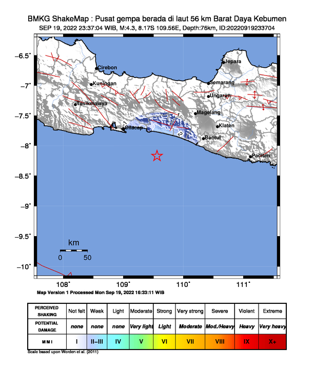 infoBMKG's tweet photo. #Gempa Mag:4.3, 19-Sep-22 23:37:04 WIB, Lok:8.17 LS, 109.56 BT (Pusat gempa berada di laut 56 km Barat Daya Kebumen), Kedlmn:76 Km Dirasakan (MMI) II Yogyakarta, II Gunung Kidul, II Kulon Progo, II Bantul, II Sleman #BMKG https://t.co/6kRamw4Ie2