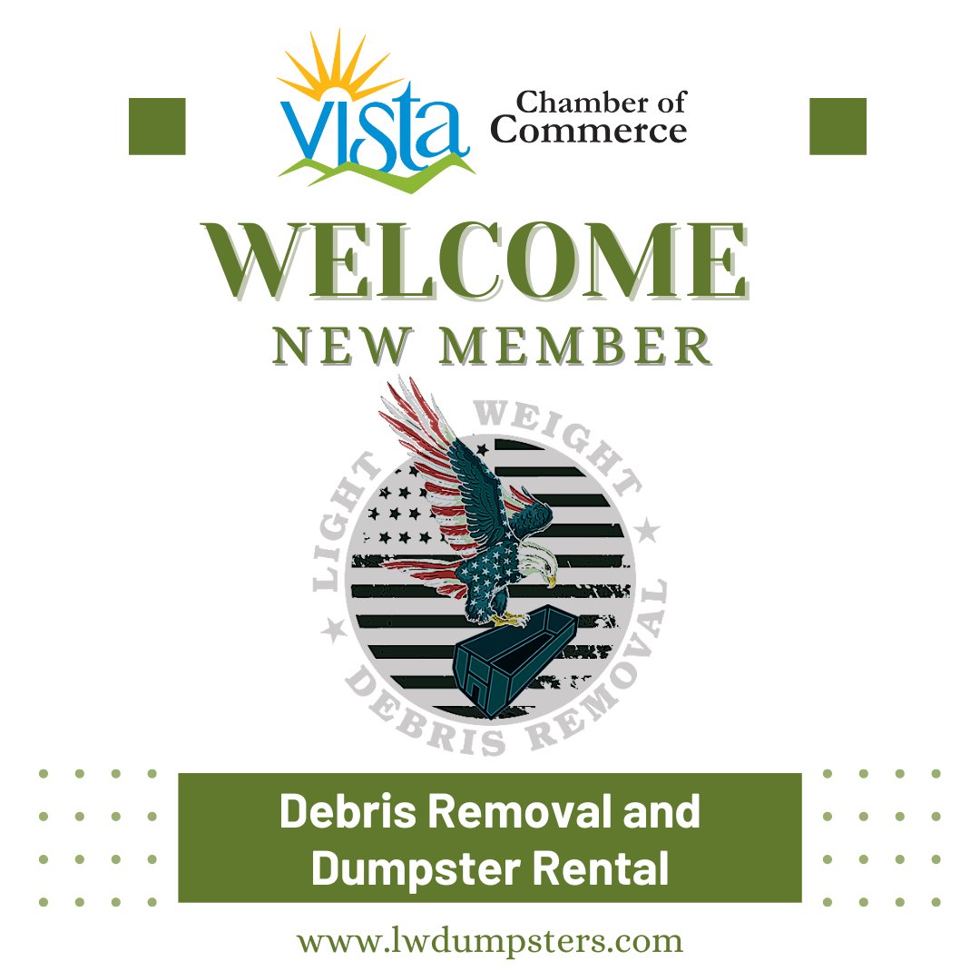 Welcome new Vista Chamber Member Lightweight Debris Removal!

Lightweight Debris Removal offer various options to choose from, whether you're looking for a dumpster rental, or junk removal. They have services that will accommodate any project you're willing to tackle!