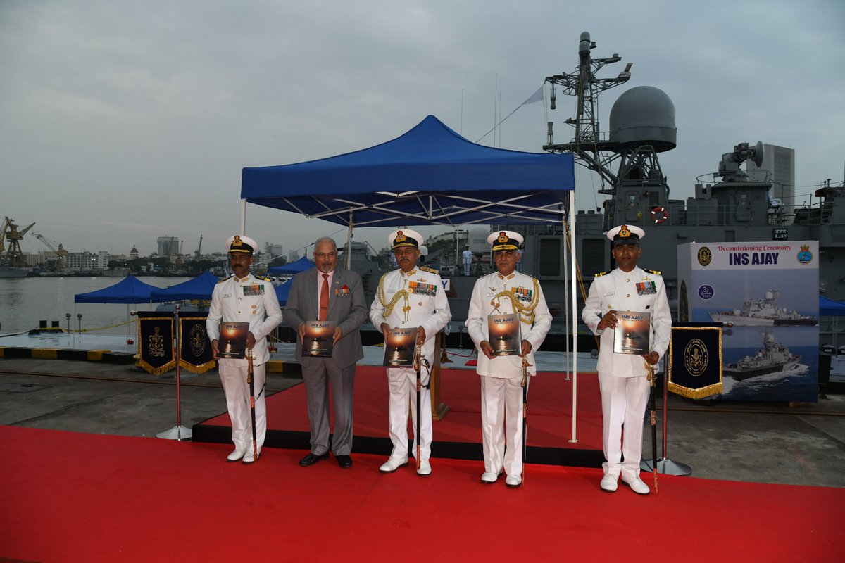 IN_WNC's tweet photo. Indian Naval Ship Ajay (P34) of 23rd Patrol Vessel Squadron was decommissioned on 19 Sep 22 after rendering 32 years of glorious service to the nation. Commissioning Commanding Officer, VAdm AG Thapliyal (Retd), was the Guest of Honour. #INSAjay 
@DefenceMinindia
@AjaybhattBJP4UK https://t.co/9ZVWkR6VKy