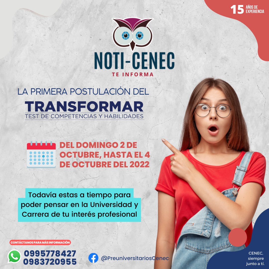 PCenec's tweet photo. 🚨 ¡ATENTOS! NOTI-CENEC
👇 Te damos a conocer el cronograma para la primera postulación a la educación superior 👇.

🦉SOMOS CENEC🦉
🥇Somos los #1 en CAPACITACIÓN y PRESTIGIO
📱𝐄𝐬𝐜𝐫𝐢́𝐛𝐞𝐧𝐨𝐬 sin compromiso al 𝐖𝐡𝐚𝐭𝐬𝐀𝐩𝐩:
👉https://t.co/XuchpgASiJ

#admision2022 https://t.co/7lNyQUEdaQ
