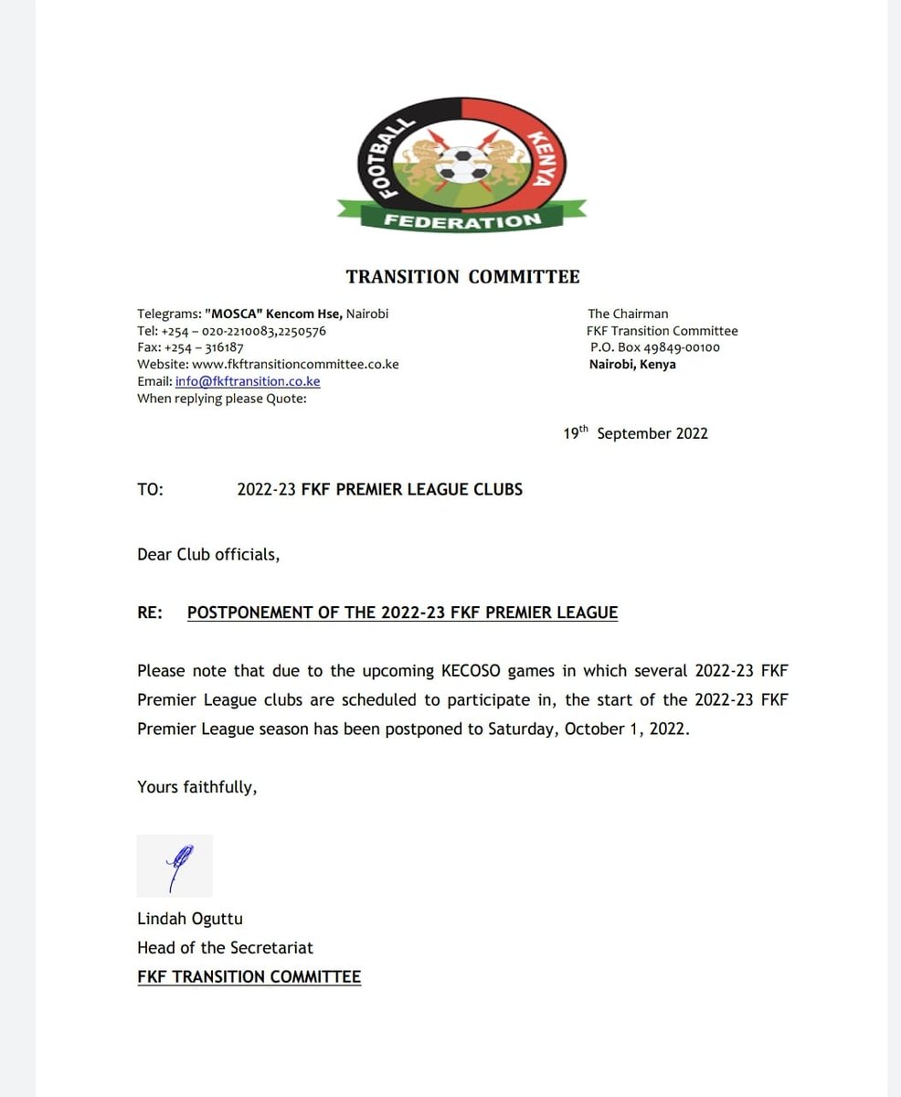 FKFtransition's tweet image. STATEMENT

Postponement of the FKF Premier League Kick Off.

#FKFTransitioncommittee