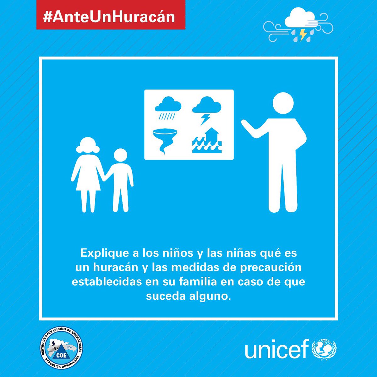 UNICEFRD's tweet photo. ¿Qué debes hacer #AnteUnHuracán como Fiona?🌫
Desliza las imágenes hacia la derecha y entérate.
Debemos todos y todas estar atento a las informaciones oficiales del @coe_rd.
#AlertaCoe #COEinforma #COEeduca #COEorienta #HuracanFionaRD https://t.co/Kn28kP6QfO