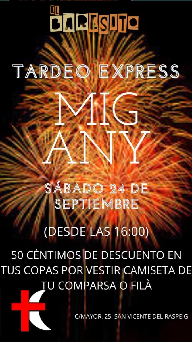 📣Empezamos en el bare‼

SÁBADO 24 A PARTIE DE LAS 16H

****TARDEO EXPRESS****

Ven con tu camiseta de tu comparsa o filà y te descontamos 50 CENTIMOS de tu COPA💫🎉🎉🎉🎉