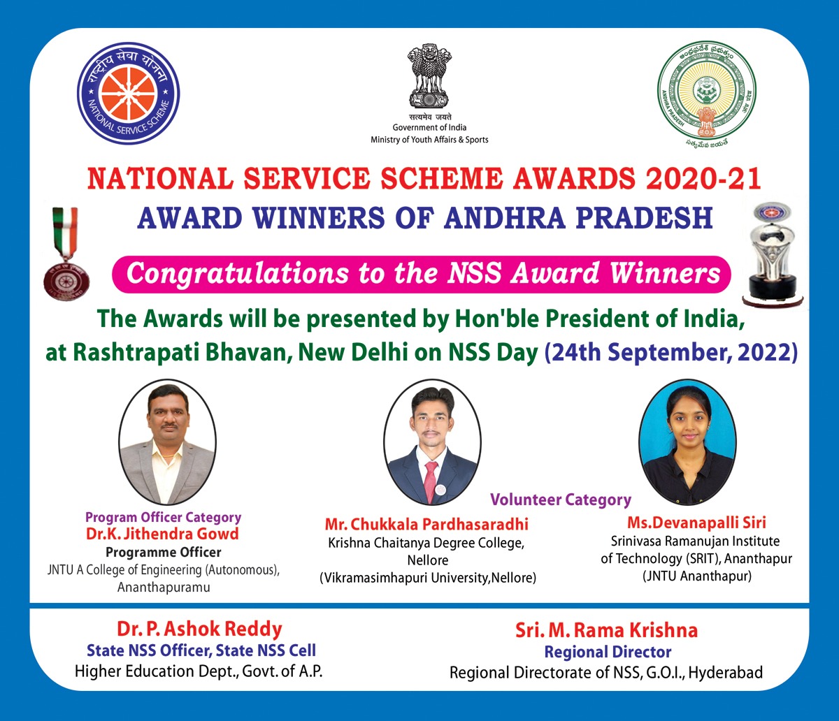 APSTATENSSCELL's tweet photo. I am glad to inform you all that Andhra Pradesh State Conferring 3 National NSS Awards for the year 2020-21

Program Officer Category
Dr.K.Jithendra Gowd

Volunteer Category
https://t.co/oaaRPehnpD.PardhaSaradhi
https://t.co/ERhzdL5zbS.Devanapalli Siri

#Nssindia 
#APStatensscell https://t.co/Uo2rnYcgKk