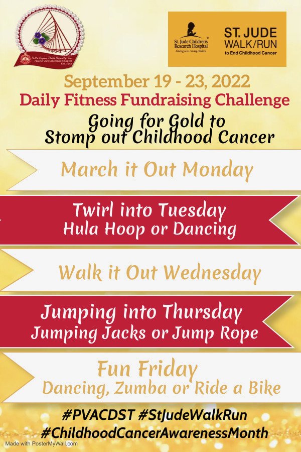pvadst's tweet photo. Join our Annual Going for Gold to Stomp Out Childhood Cancer 5 Day Fitness Fundraising Challenge. 

Share daily on social media and encourage others by using hashtags
#PVACDST #StJudeWalkRun #ChildhoodCancerAwarenessMonth
donate by clicking the link below:
https://t.co/2XwMpgc2MF https://t.co/vBUI8bSgd3