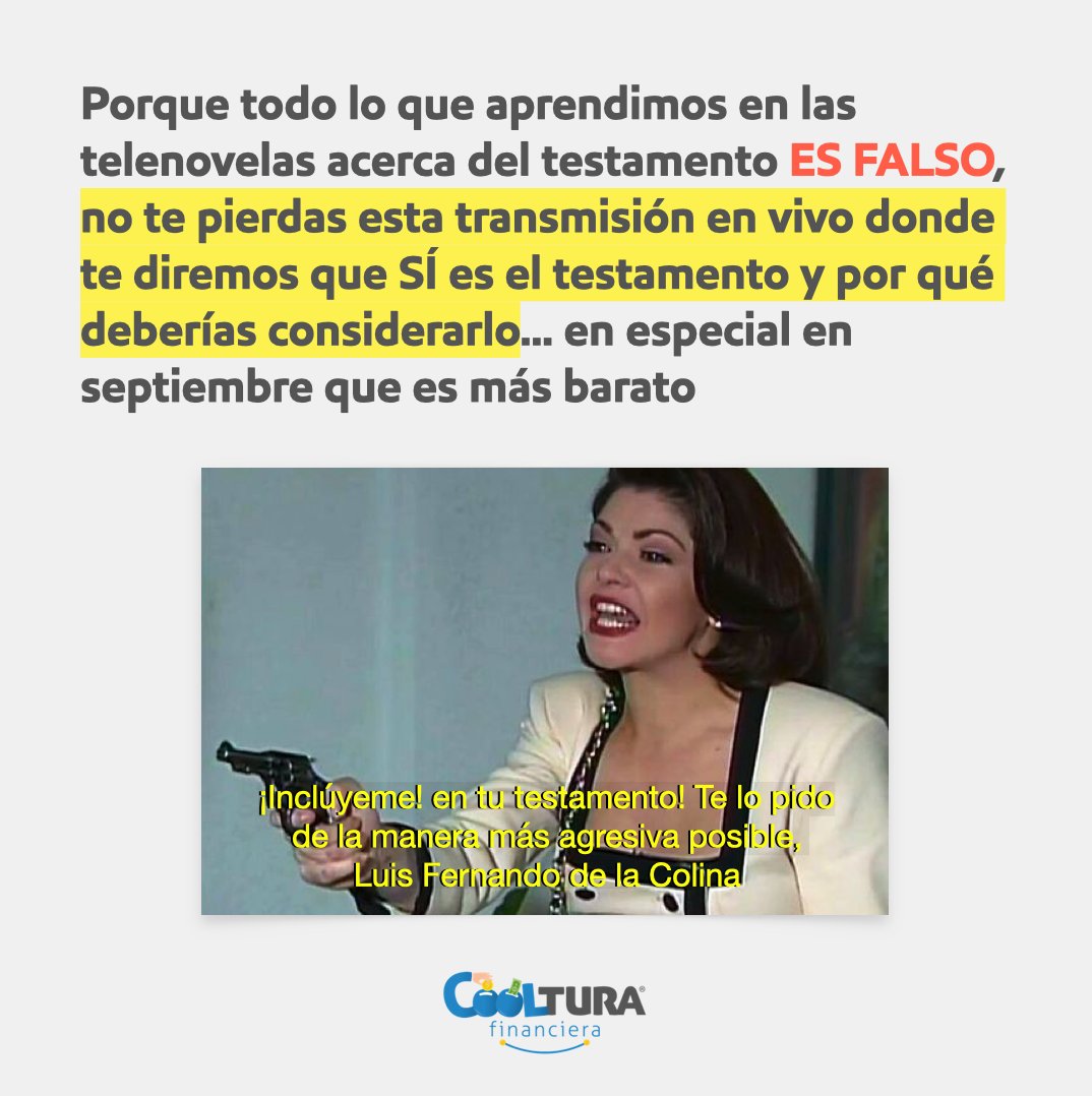 coolturafin's tweet photo. Hoy lunes 19 de septiembre a las 20:00 hrs EN VIVO desde Facebook/Youtube y a las 20:35 desde Instagram, hablaremos de cómo hacer un testamento, cuánto cuesta y más. 

Nos acompañan de @Mento_Familia https://t.co/viv1mgPwDO