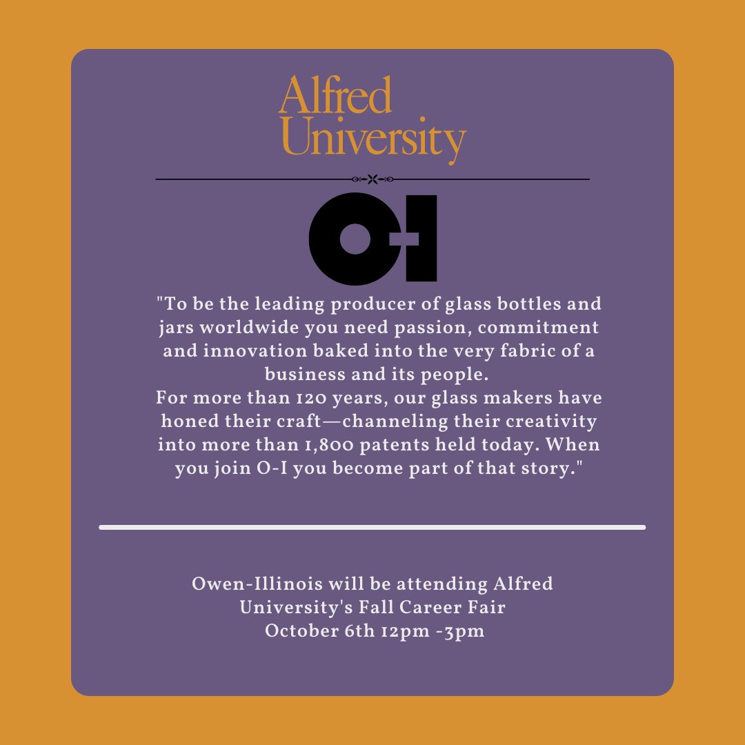 AUCareers's tweet photo. This week's Employer Spotlight shines on Owens-Illinois. O-I will be coming to our Fall Career Fair on October 6th. Find out more here: https://t.co/sQtpzIRRjS #AUCAREERS https://t.co/xkFFTP7yEw
