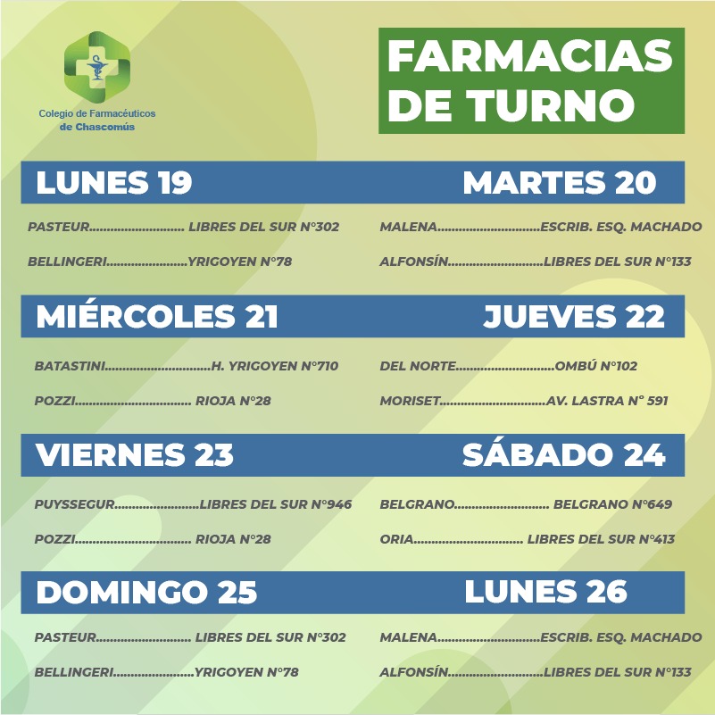 colfarchascomus's tweet photo. ⚠️TURNERO DE LA SEMANA
⚕ Farmacias de turno en Chascomús.
👉del 19 al 26 de septiembre (desde las 8.30 hasta las 8.30 del otro día)
.
.
.
.
.
.
.
#Farmacias #FarmaciasdeTurno #Turnero #Guardias #FarmaciasdeGuardia #Chascomús #medicamentosgenéricos https://t.co/W4JpOsLaDj