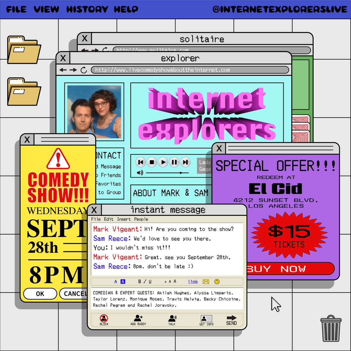 🚨 INTERNET EXPLORERS IS COMING TO LA!
📆 9/28 @ 8pm @ <a href="/elcidsunset/">El Cid</a>
💫 Me &amp; @SamanthaaaReece plus FRIENDS:
<a href="/AkilahObviously/">Akilah Hughes</a>
<a href="/alyssalimp/">Alyssa Limperis</a>
<a href="/TaylorLorenz/">Taylor Lorenz</a>
<a href="/nutellacartel/">Monique Moses</a>
<a href="/travishelwig/">Travis Helwig</a>
<a href="/Beckychicoine/">Becky Chicoine</a>
@rachelpegram
<a href="/rayjay3k/">(((RachelJoravsky)))</a>
w/ live music by <a href="/davy__era/">day v. era</a>!

👇👇👇
dice.fm/partner/pico-p…