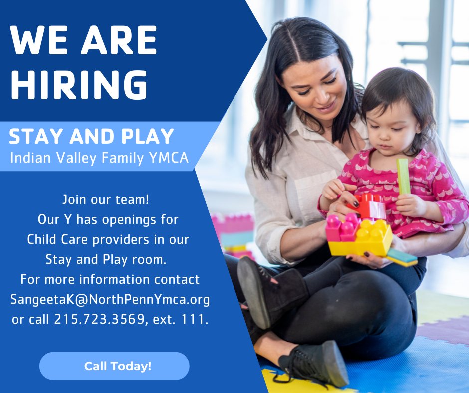 northpennymca's tweet photo. Do you enjoy working with children? We are hiring a caregiver for our Stay &amp; Play (babysitting) room area at the Indian Valley YMCA.  Apply today and join our Y family and enjoy the perks of being a Y employee!

Visit us at https://t.co/ht1EmyGDnb to explore all of our open jobs! https://t.co/rB0WFLElRq