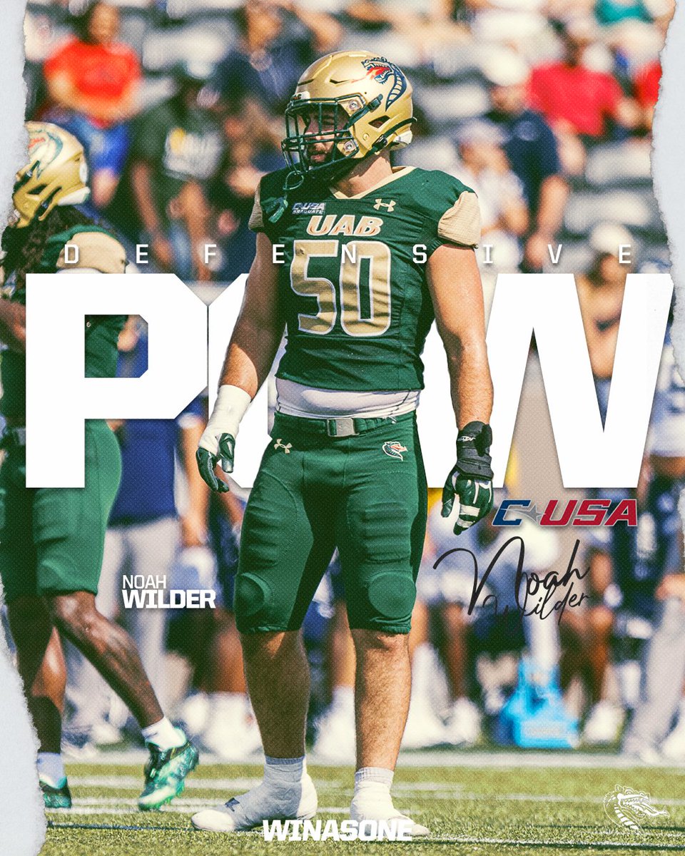 🏅 𝐎𝐅𝐅𝐄𝐍𝐒𝐈𝐕𝐄 𝐀𝐍𝐃 𝐃𝐄𝐅𝐄𝐍𝐒𝐈𝐕𝐄 𝐏𝐎𝐖 🏅 For their career days in leading UAB to a 35-21 victory over Georgia Southern, DeWayne McBride (Offensive) and Noah Wilder (Defensive) have earned C-USA Player of the Week honors! 🔗: bit.ly/McBrideWilderP… #WinAsOne