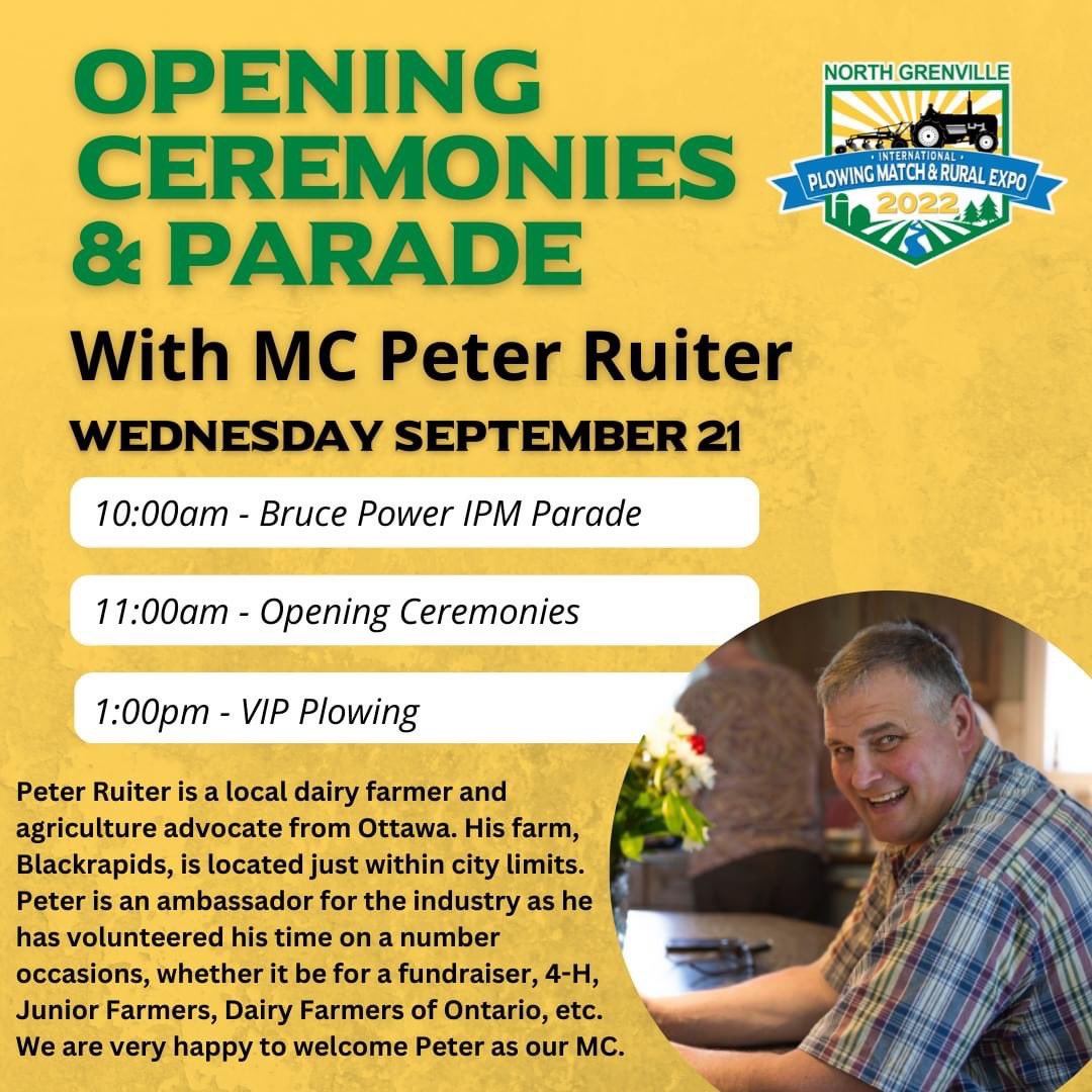 🎉 OPENING CEREMONIES &amp; PARADE 🎉
Be sure to join us Wed Sept 21 for the Bruce Power Parade and Opening Ceremonies. We are very happy to welcome Peter Ruiter as the MC. The parade will start at College Ave and travel all throughout the Tented City. Tickets at the gate. #IPM2022