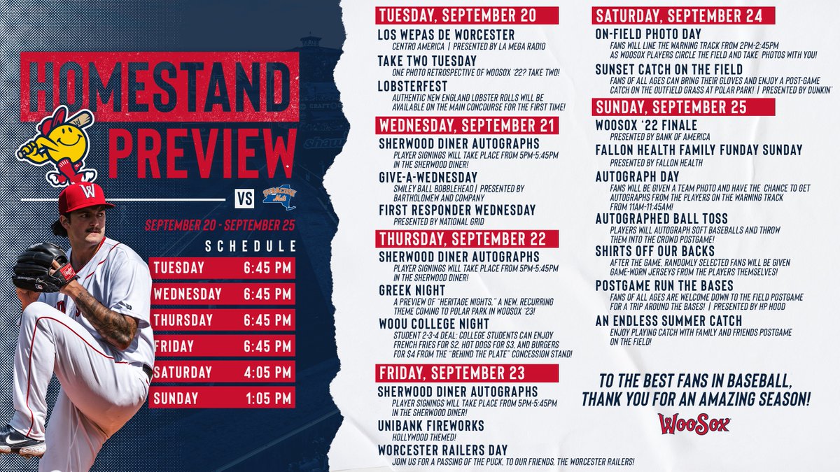 WooSox's tweet image. We have so much to look forward to this week, we almost couldn&apos;t fit it on one graphic! 😅

Take a look ahead with our Homestand Preview as we gear up for the final homestand on the season!