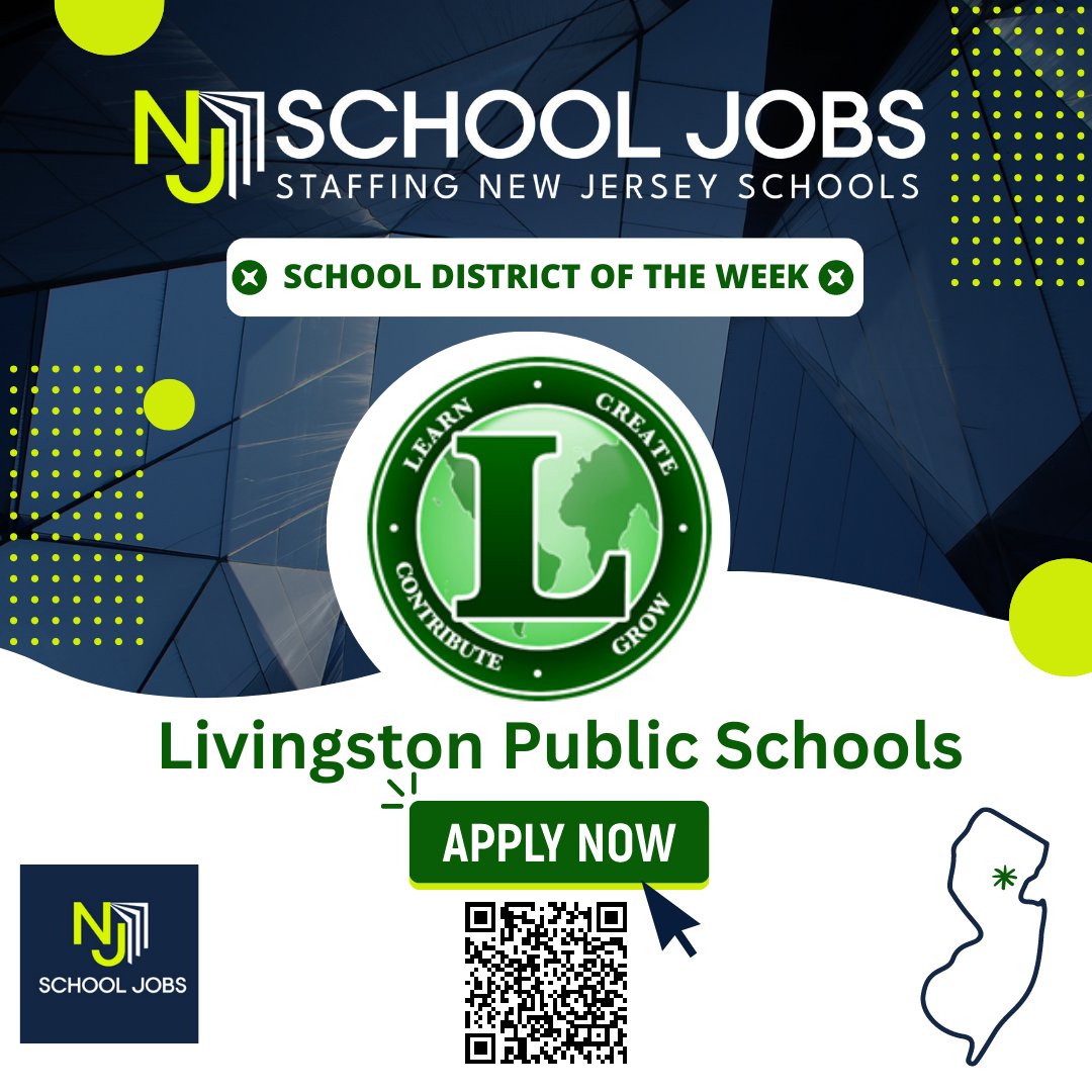 Congratulations to <a href="/LivSchools/">Livingston Schools</a> on being selected as one of our employers of the week! Visit our site or scan the QR code and check out the great opportunities in their district!  njschooljobs.com  #njschooljobs