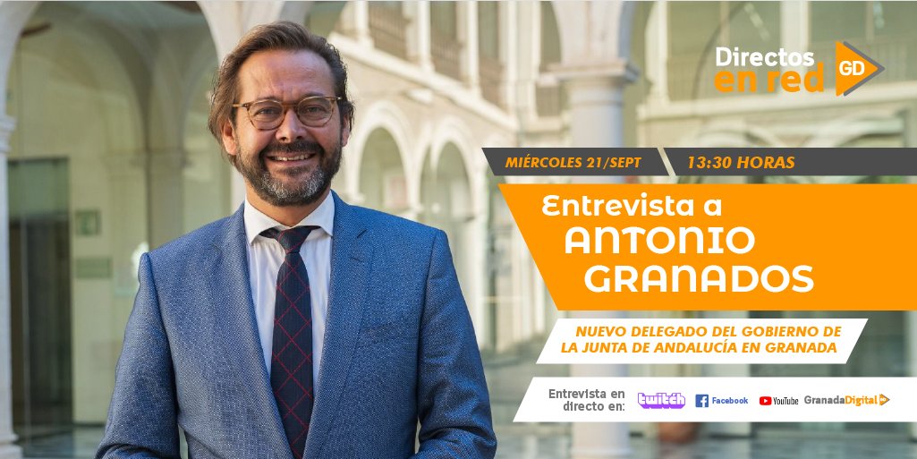 granadadigital's tweet photo. 🟠#DirectosEnRedGD | En la entrevista, @agranados6957 hablará de sus retos al frente de la Delegación de la @AndaluciaJunta en Granada
🗓️ Miércoles 21 de septiembre
⌚️ 13:30
📱 En https://t.co/IqpmGDoXoW, Facebook Live, YouTube y https://t.co/YIwj9UU8Tp https://t.co/gc6pKsTgRd