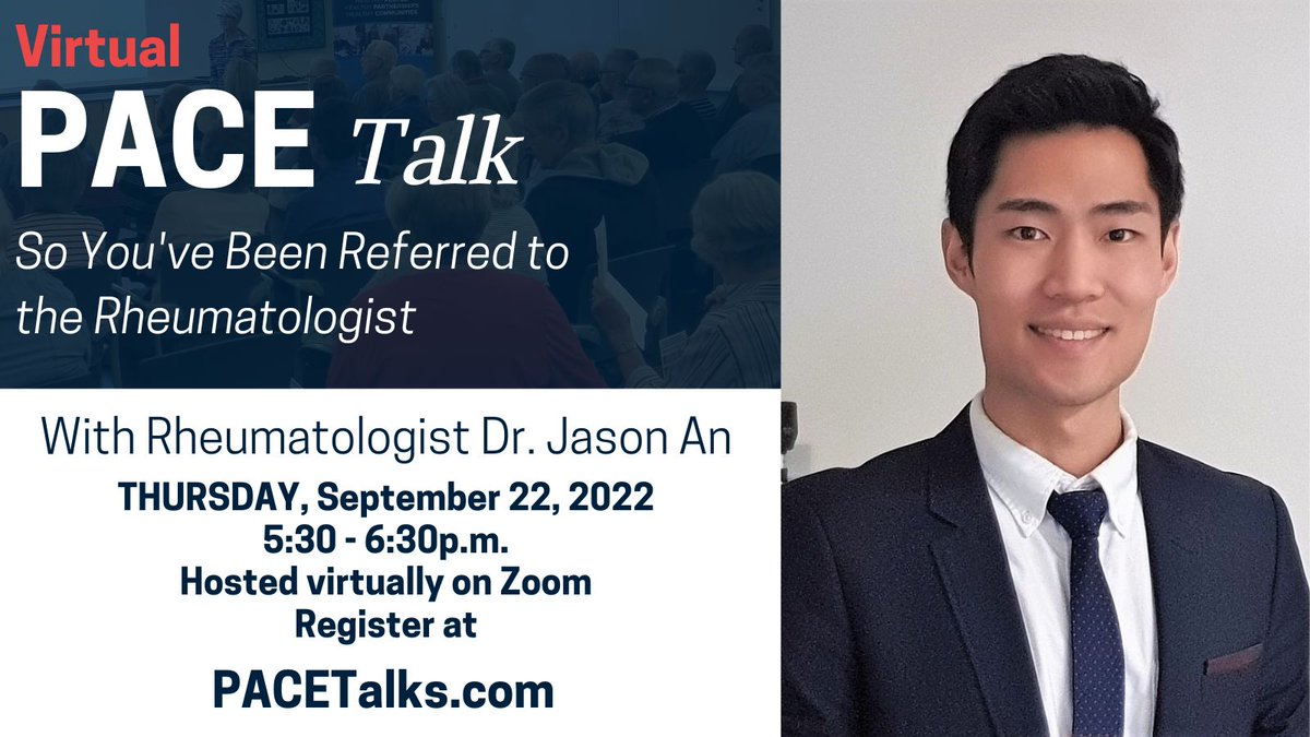 We are pleased to share that the Northumberland PACE Speakers Series returns virtually for the 2022/23 season on September 21st, 2022 at 5:30 PM! The topic will be on inflammatory arthritis and rheumatology! To register, visit pacetalks.com!