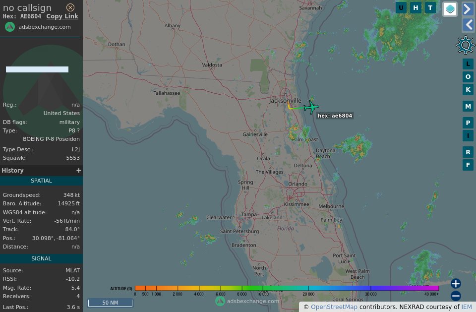 TheIntelFrog's tweet photo. P-8A Poseidon #AE6804 as TRIDENT46 is checking in with SEALORD to work the W140 Echo & Foxtrot areas. https://t.co/vZI1gqnJdb