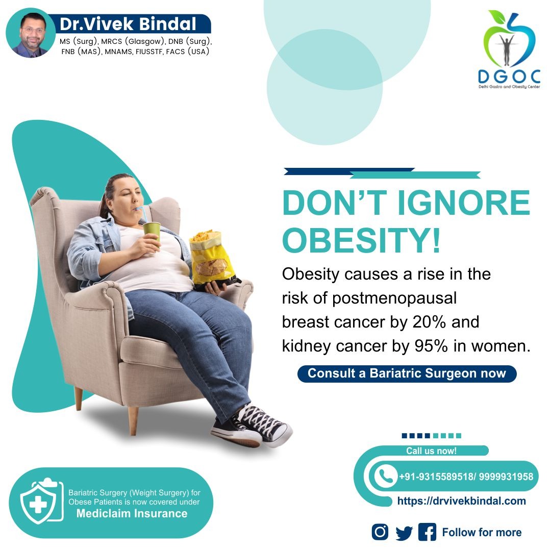 @drvivekbindal - Don't Ignore #obesity.. Obesity causes a rise in the risk of postmenopausal #breastcancer by 20% and #kidneycancer by95% in #women Dr. Vivek Bindal - Best #Robotic and #Bariatric #surgeon in #Delhi #NCR @BDA_Obesity @Obesitysoc @ObesitySociety @WorldObesity