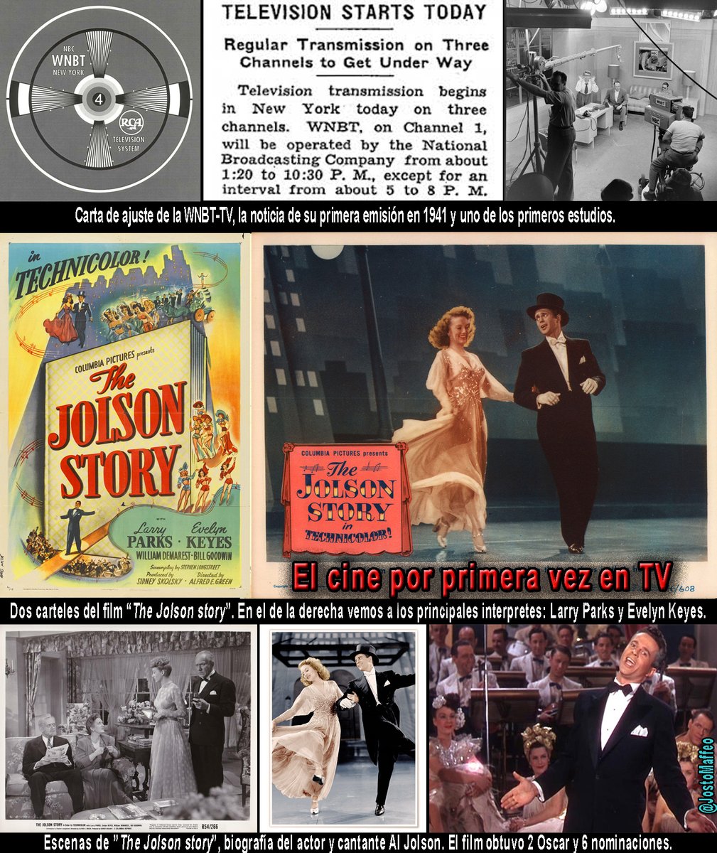 JostoMaffeo's tweet photo. 🎞️📺 CINE EN TV, PRIMERA VEZ
20 septiembre 1946. Por primera vez una cadena de #televisión promociona una #película.
En #NewYork, #WNBT-#TV emite un trailer de "The Jolson Story".
Dirigido por Alfred E. #Green, el #film es interpretado por Larry #Parks y Evelyn #Keyes https://t.co/eKC8MdqGPy