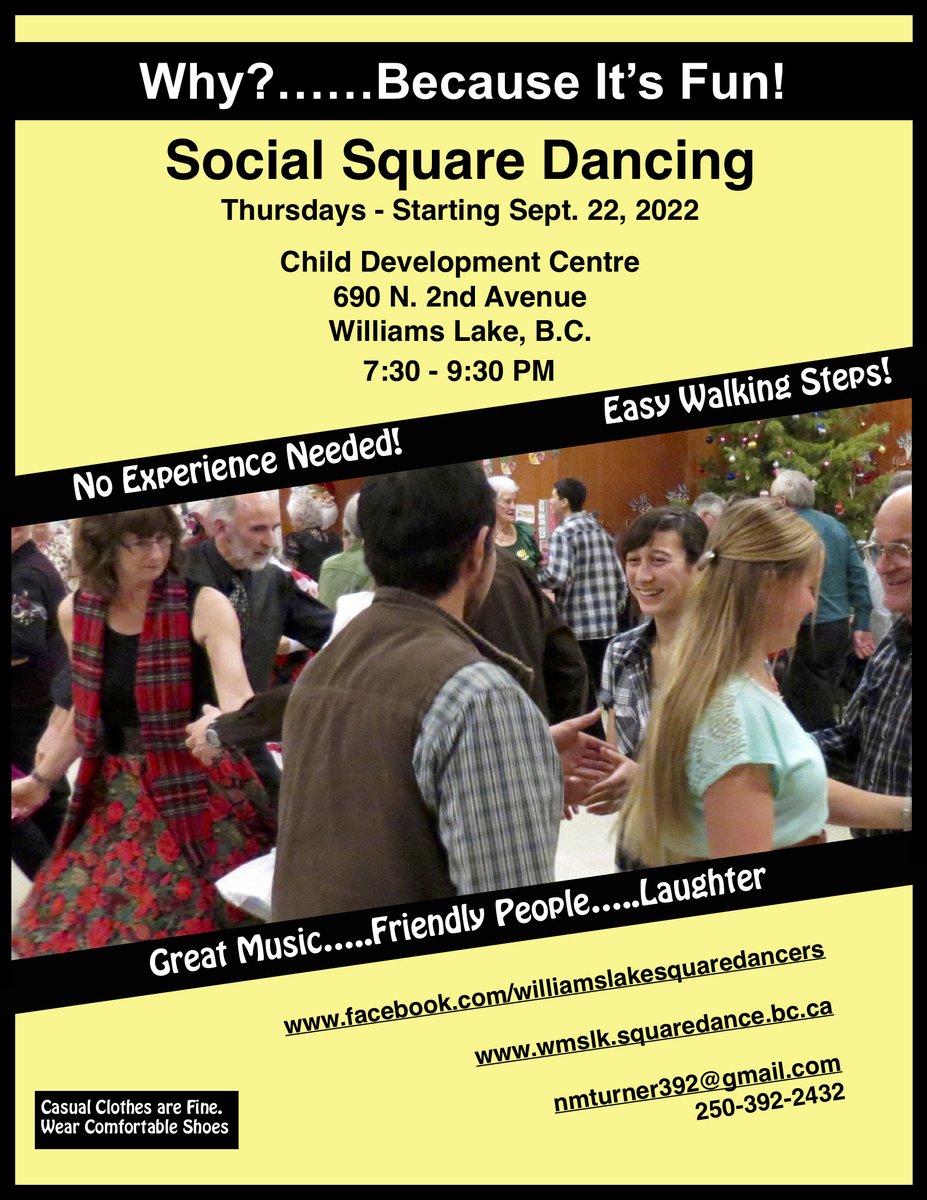 TurnerNM's tweet photo. Fun starts this week in #WilliamsLake  Come try SOCIAL SQUARE DANCING FOR BEGINNERS.  Forget your cares while moving to great music.  No experience needed.  Join the fun &amp; laughter.  It is done with an easy walking step. Don't sit home alone. Be with others and have a great time. https://t.co/QWuFmN4adB