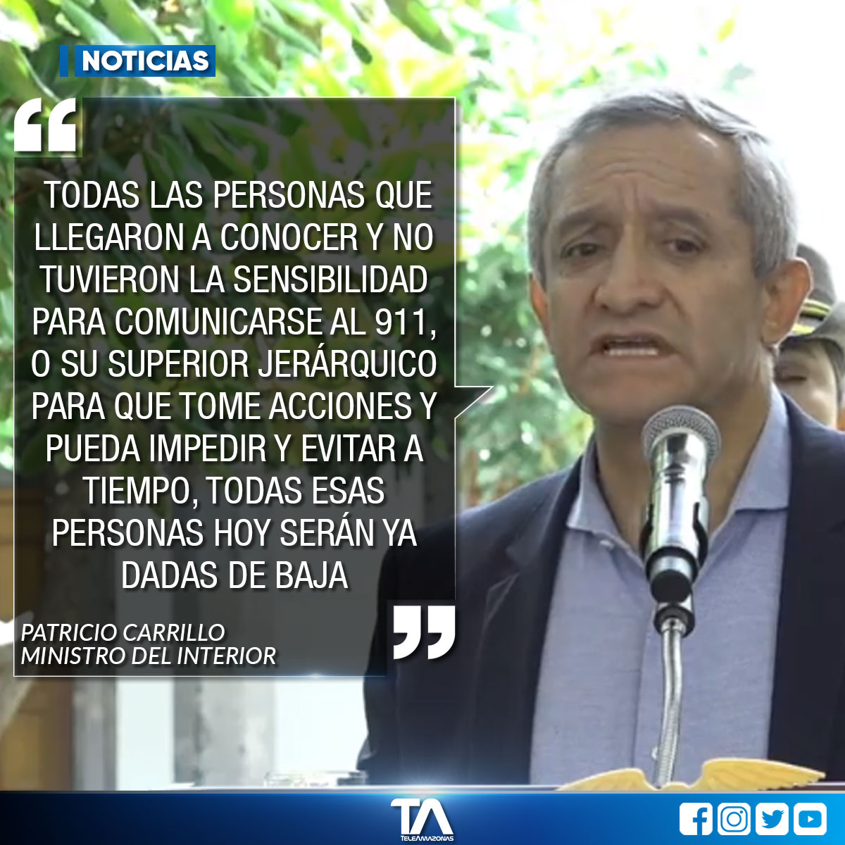 teleamazonasec's tweet photo. Ministro Carrillo anuncia bajas para policías involucrados en desaparición de María Belén Bernal  https://t.co/lhtNM4flWF https://t.co/dBZq1BleUQ
