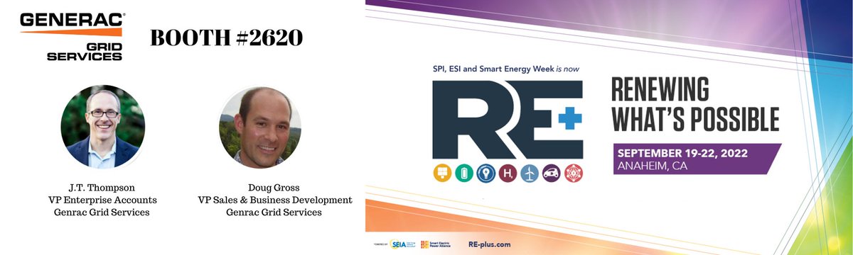Join Generac Grid Services at the <a href="/SEPAPower/">Smart Electric Power Alliance (SEPA)</a> and <a href="/SEIA/">Solar and Storage Industry</a> RE+ conference from September 19th - 22nd!
 
Find Jonathan "J.T." Thompson and Doug Gross <a href="/Generac/">Generac</a> Booth #2620 and bring your best questions about the smart grid, #virtualpowerplants and solar + storage.