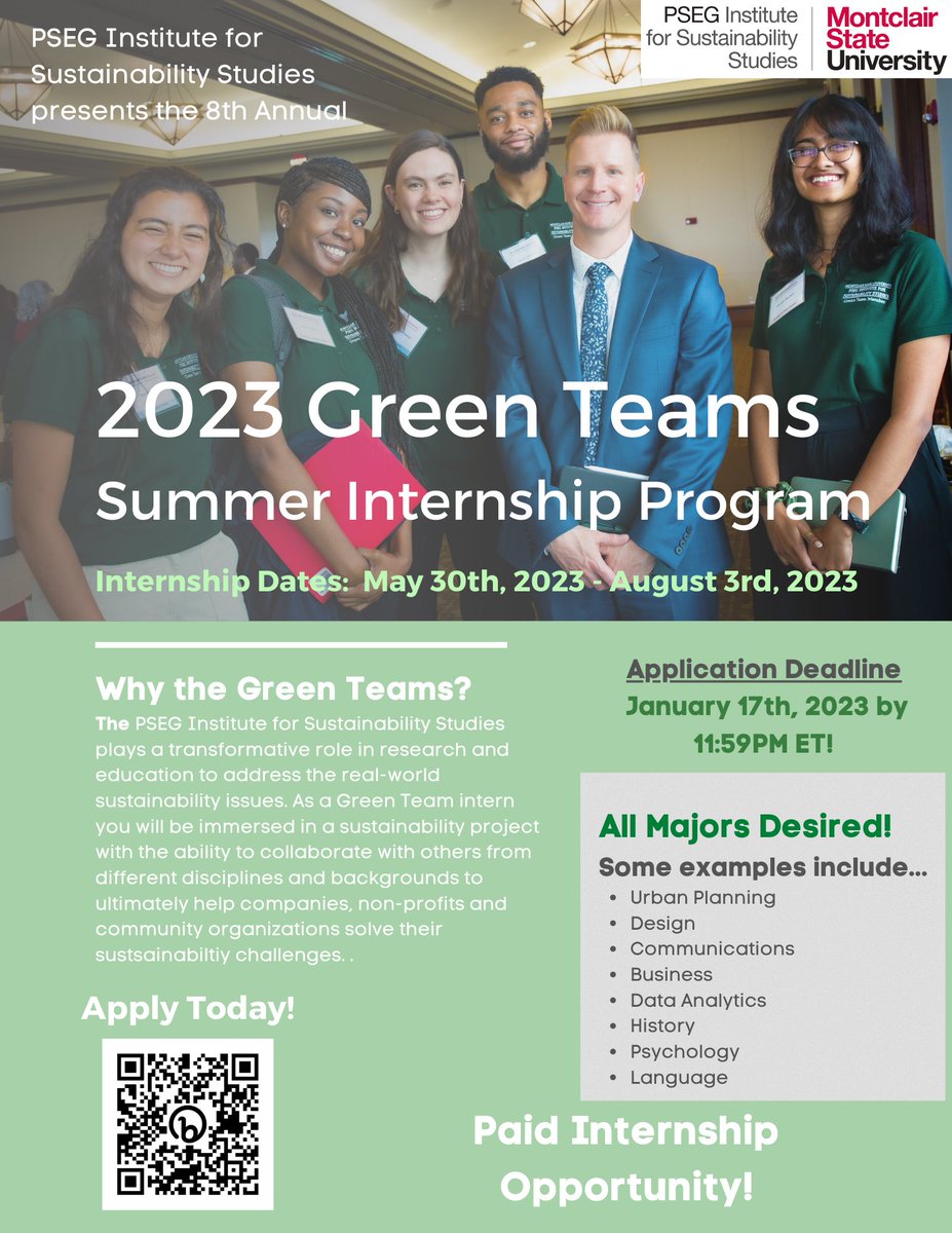 Looking for an #internship next summer? Have an interest in making the world a greener place?  

We're now accepting applications for our 2023 #GreenTeams summer internship! We're looking for #undergraduate #students from ANY major. 

Apply here: bit.ly/3Bs0xma
