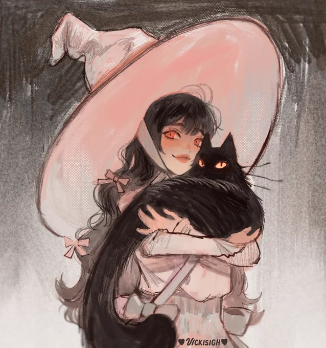 sketch of a witch and her fluffy black cat ଲ(ⓛ ω ⓛ)ଲ 