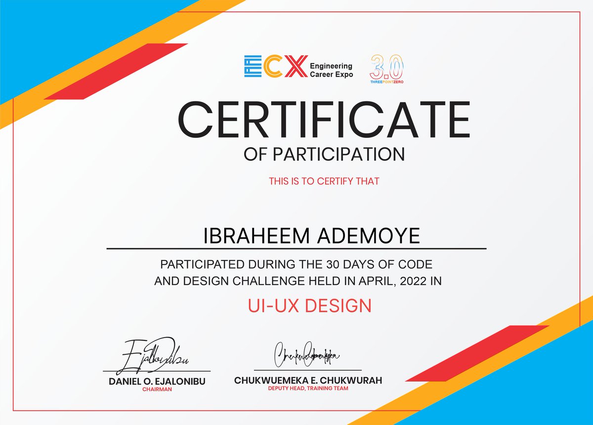 ingenious_02's tweet photo. Good Monday!
I got 2 certificates for participating in the #30DaysOfCodeAndDesign challenge. Thanks to all the good fellas at @ecxunilag that made this an experience, it was really enlightening and fun.
ππβ€οΈ
Check out my submissions' compilation here - https://t.co/ElwdYaxCYg https://t.co/ihQTpbSFnd