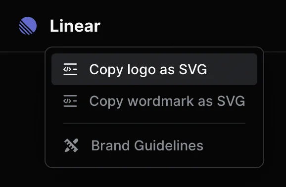 Screenshot of a context menu on the Linear logo. The context menu contains 3 options:
1. Copy logo as SVG
2. Copy wordmark as SVG
3. Brand Guidelines