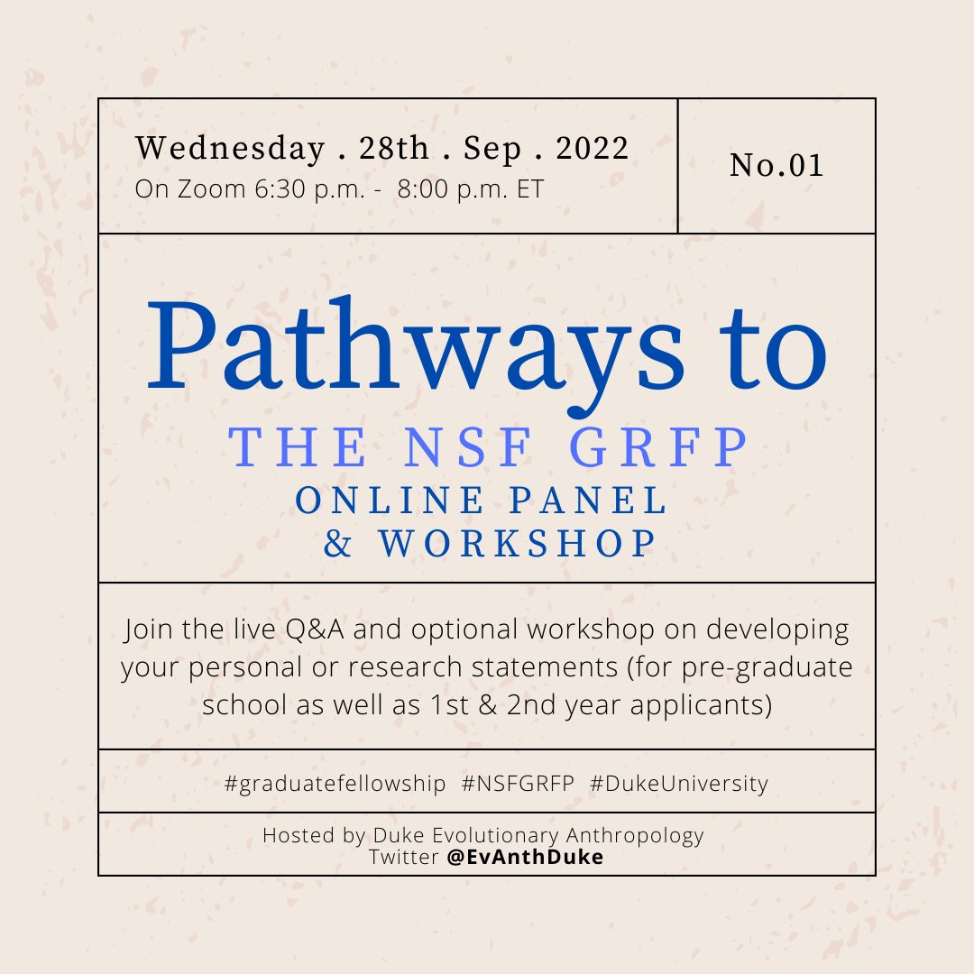 EvAnthDuke's tweet photo. Are you thinking of writing an #NSFGRFP, but don't know how to start? Ask the experts! Join the live Q&amp;A, workshop your personal or research statements, and learn from a range of awardees. Wednesday Sep 28th, 6:30-8 PM on Zoom. More info: https://t.co/DAGhwt3ldo 
@DukeBiology https://t.co/phUmDnMd04