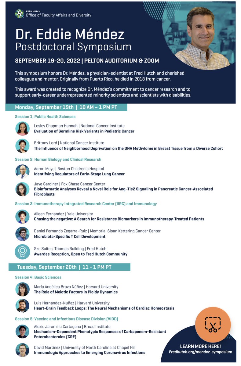 AlexJaraCarta's tweet photo. To watch the Zoom symposium online please visit https://t.co/4BLXNg8G5m , also big shootout to @CterminiPhD for sharing her wonderful insight as a new PI @fredhutch #MendezSymposium https://t.co/osVE8Wq95Y
