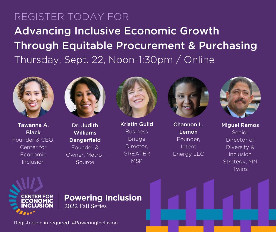 EconInclusion's tweet photo. Join us! We'll share new research on the state of the #MSP region’s corporate and government supplier diversity and procurement, the latest on #ProjectVanguard, and our investments in businesses owned by Black and Latina women. Register Now: https://t.co/iW5R0NGvYi https://t.co/h3cNDFRU99