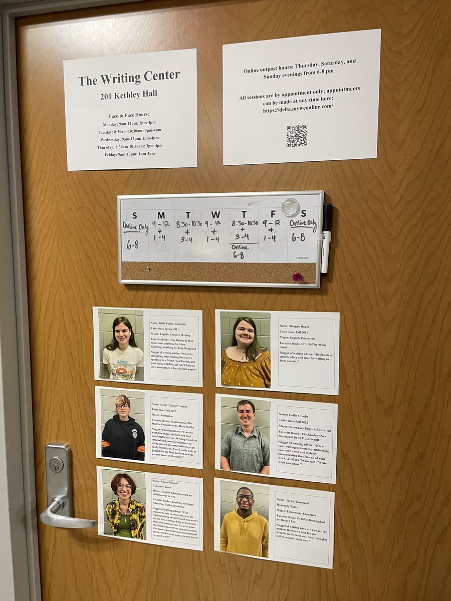 DeltaStateWC's tweet image. Never been to the Writing Center before? We’re located in 201 Kethley Hall, and you can’t miss us—just look for the door with all of the beautiful faces on it! 💚
