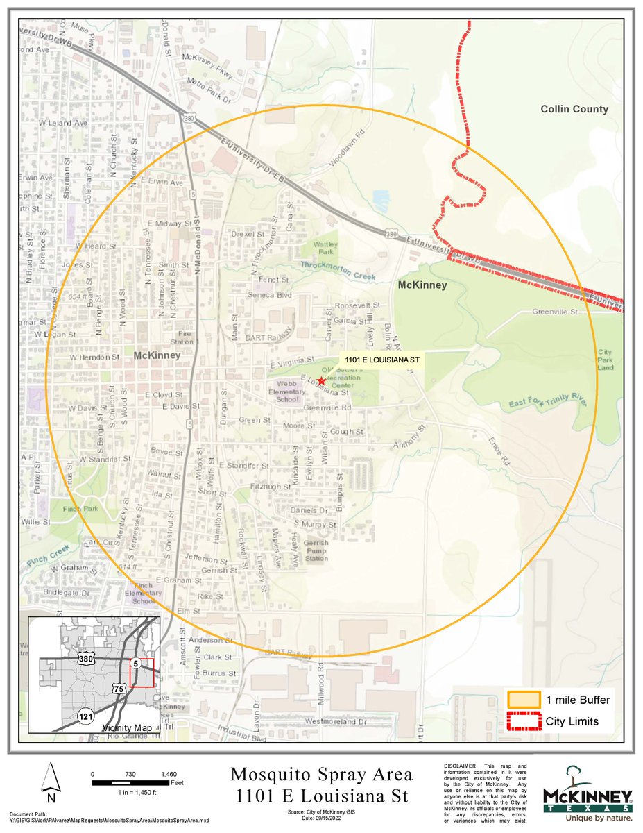 We are set to spray an area of the city to control mosquitoes after a mosquito pool tested positive for West Nile Virus. Spraying will start at 10 p.m. on Monday, Sept. 19, weather permitting. Specific spray area info: McKinneyTexas.org/MosquitoControl