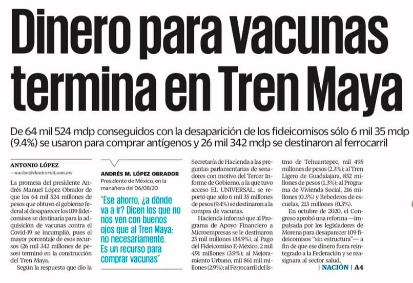 ¿Se acuerdan cuando Morena consiguió 64 mmdp al desaparecer 109 fideicomisos con la promesa de usar ese dinero para comprar vacunas?

Solo el 9.4% se usó para eso. Lo demás se fue para el Tren Maya y otros caprichos. Eliminaron apoyos deportivos, culturales y más por esa mentira.