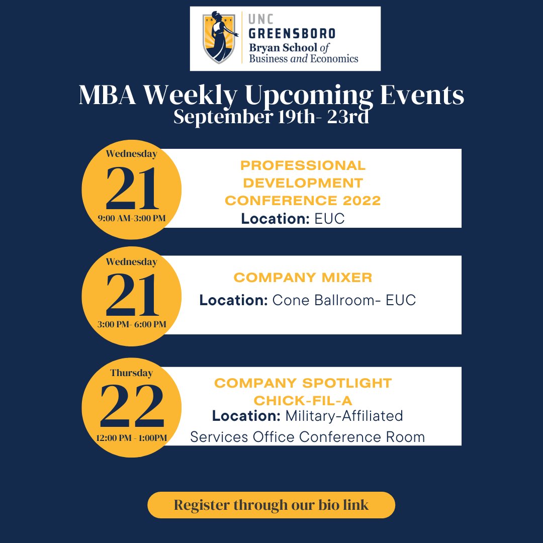 Calling all UNCG MBA students! Check out this week's upcoming events. Make sure to register through our bio link under Events at the Bryan School. DM us for questions or more information! #UNCGMBA #uncg #mba