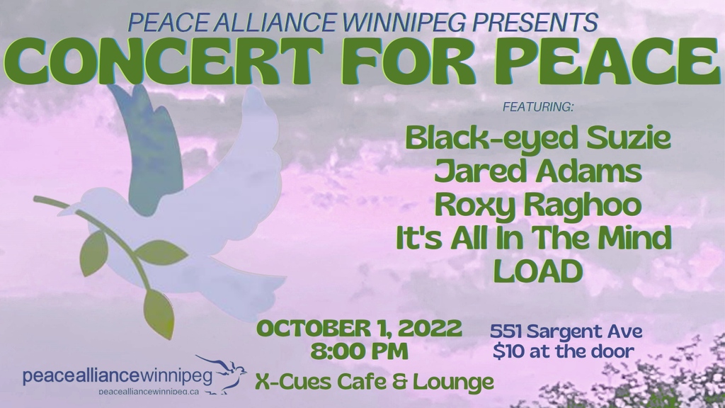It's All In The Mind will be performing at Peace Alliance Winnipeg CONCERT FOR PEACE on Oct1 at X-Cues Cafe &amp; Lounge. On Oct 1

<a href="/LOADMusicCanada/">LOAD</a> <a href="/black_eyedsuzie/">black-eyed SUZIE</a> Jared Adams, Roxy Raghoo

Come support the call for peace and stay for the music!

#peace #winnipegmusic #worldpeace