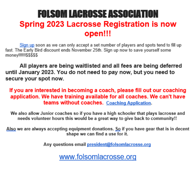 FolsomLAX's tweet photo. Spring Registration is Now Open!!!!!!!!!!!!!!!!! Go to https://t.co/premo8vedx to secure your spot now!!! https://t.co/klOA8KNZIO